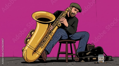 Street Musician Plays Saxophone for Tips on a Vibrant Pink Background