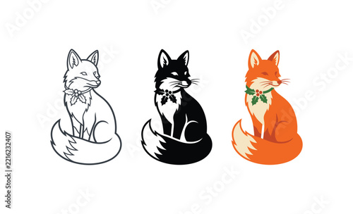Three Design Set cute sitting fox illustrations with holiday holly accents