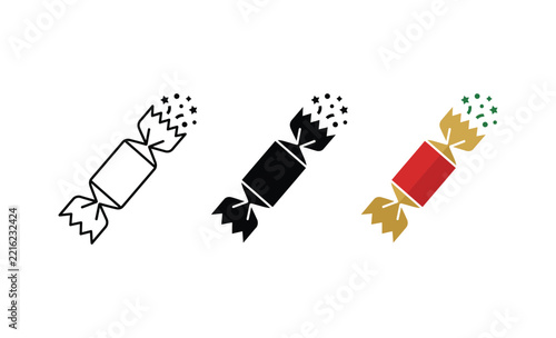 Three Design Set festive candy cracker vector icons for holiday celebrations