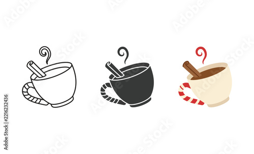 Set of three festive coffee cup icons with cinnamon sticks and peppermint candy cane handles