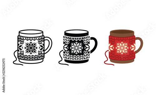 Set of three festive coffee mugs wrapped in knitted sweaters with snowflake patterns for winter holiday season decorations