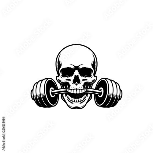 A black and white vector illustration of a human skull biting a heavy barbell. A gritty and aggressive emblem designed for hardcore fitness, gym, and bodybuilding brands.