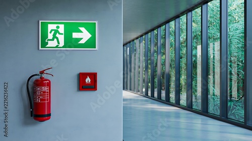 Emergency exit sign and fire extinguisher in modern building corridor