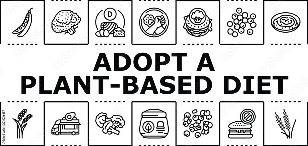 Naklejka premium Adopt a plant-based diet banner infographic. Sustainable nutrition, vegan fruits, wellness protein icon vector illustration