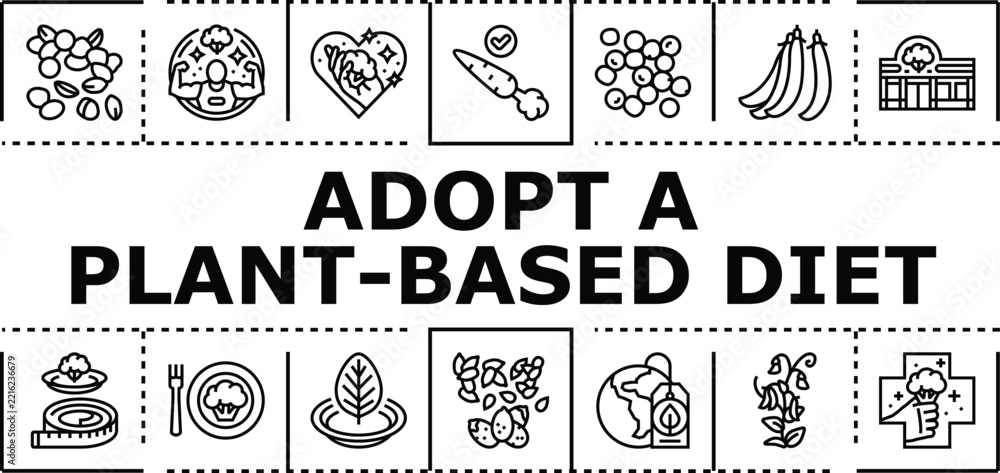 Fototapeta premium Adopt a plant-based diet banner infographic. Health organic, vegan sustainable, environment grains icon vector illustration