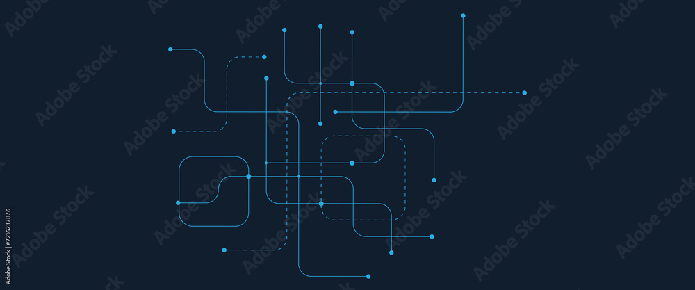 Fototapeta premium Abstract technology vector background, glowing blue circuit lines and nodes diagram, digital data network connection graphic for tech design