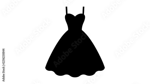 A minimalist black silhouette icon of a sleeveless dress with thin straps, a fitted bodice, and a flared, scallopedhem skirt centered on a solid plain white background for graphic design projects