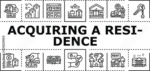 Acquiring a residence banner infographic. Title loan, inspection home, buying listing icon vector illustration