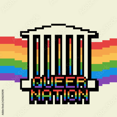 Sign of Government Mark with Pride Flag Waving at Behind the White Symbol and word 'Queer Nation' at Front of the symbol, Pixel Art Style 
