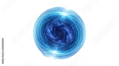 3D rendered glowing spherical vortex featuring concentric blue energy lines swirling around a deep space galaxy scene with tiny white stars isolated on a pure solid white background for sci-fi art