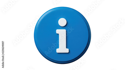 A clean 3D rendered information icon featuring a white lowercase letter i centered inside a vibrant solid blue circular button, perfectly positioned dead center against a stark isolated white