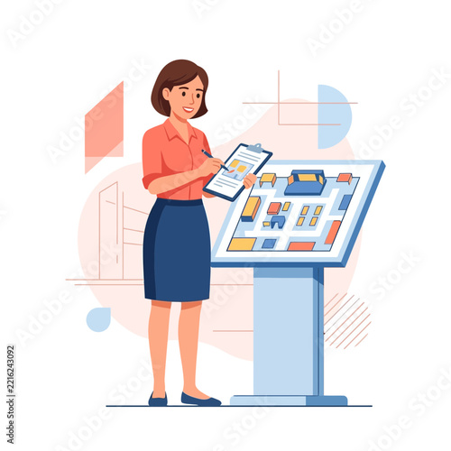 Woman presenting a city map model on a display stand, vector illustration.