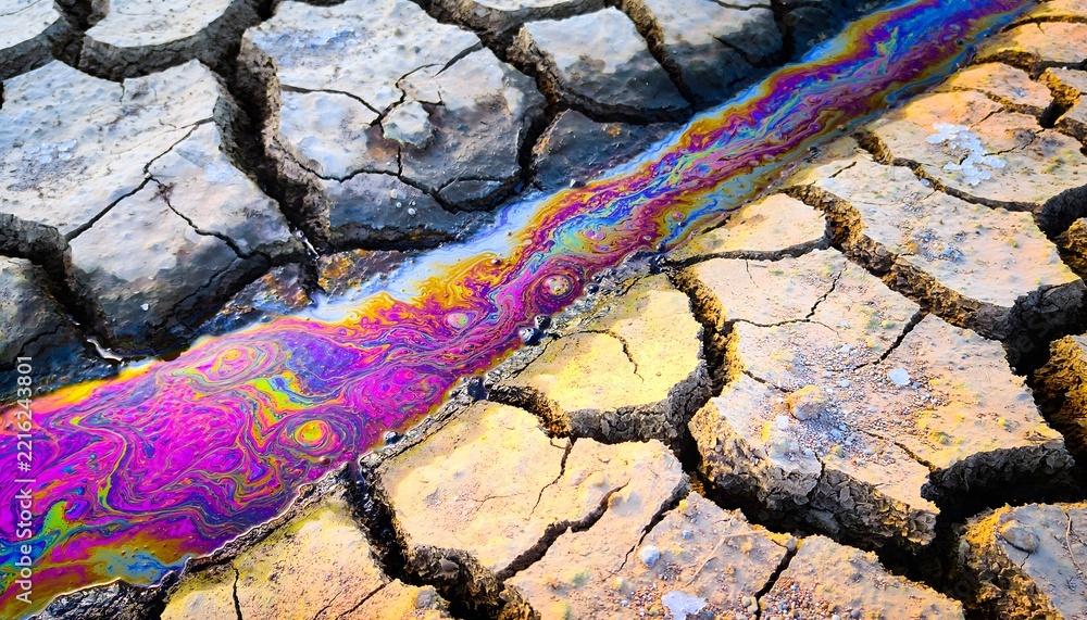 Fototapeta premium Vibrant iridescent oil spill chemical pollution flowing through dry cracked soil ground background representing environmental damage and drought.