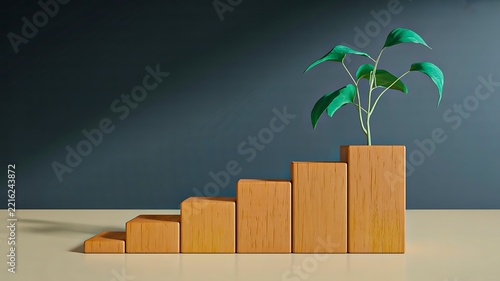 Business growth concept with wooden bar chart and growing green plant