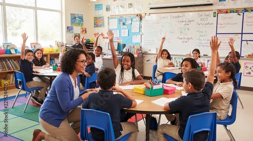 Diverse Group Of Students And Female Caucasian Teacher In A Classroom Elementary Education Learning