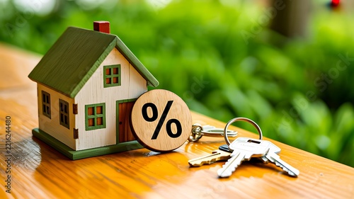 Mortgage concept with miniature house keys and percentage symbol on wooden table