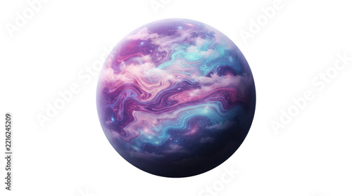 3D rendered spherical planet with a marbled gaseous surface resembling a swirling nebula featuring purple magenta dark blue and cyan colors with tiny scattered stars isolated on a white background