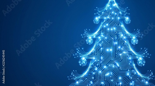 Blue background featuring an abstract Christmas tree formed from luminous digital circuit patterns, combining holiday celebration with technology, computer science, and Christmas card design