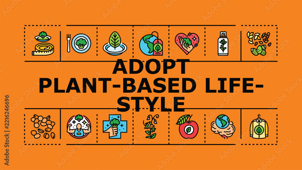 Fototapeta premium Adopt plant-based lifestyle banner infographic. Fruits balance, ethics tofu, sustainability health icon vector illustration
