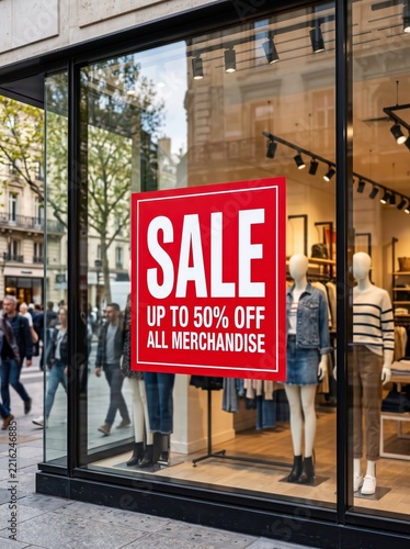 Clothing store window displaying a red sale sign beside mannequins on a shopping street. Discount shopping, retail promotion and consumer savings. Fashion storefront.