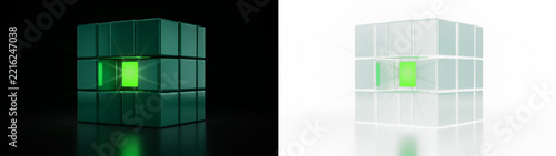 Abstract 3d render of a metallic cube with a glowing green core, featuring a split design with dark and light variations side by side isolated on transparent background