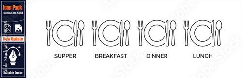Minimalist dining plate icon set with fork knife and spoon outlines for restaurant and catering food services. Minimalist Line Icon Vector