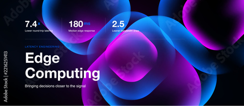 Abstract design showcases edge computing concept. Metrics highlight latency reduction, response time, bandwidth gains. Modern visuals emphasize speed.