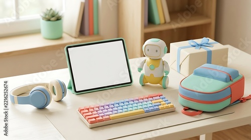 Kids desk setup with tablet and robot toy for cyber monday online
