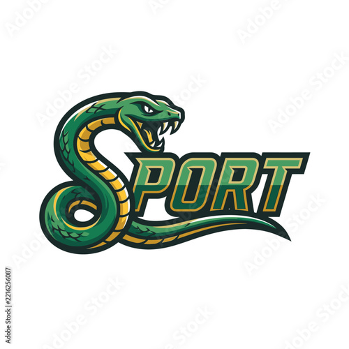Green snake mascot sport logo featuring a fierce cobra wrapping around text on white background