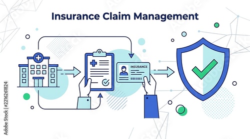 Insurance Claim Management Process Flow Illustration with Hospital, Document, and Shield