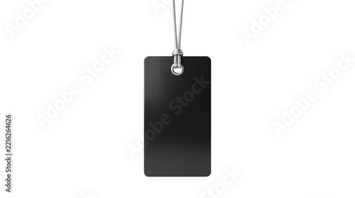 Black price tag mockup hanging on silver cord isolated