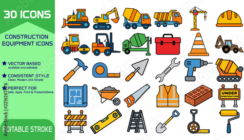 Construction Tools and Industrial Machinery Icons Collection
