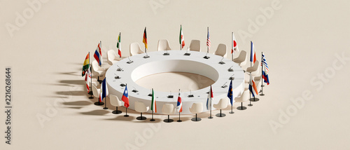 Miniature People Standing in Circle Around Table Model