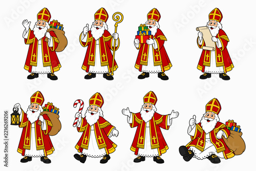 Saint Nicholas Sinterklaas Character Set in Eight Poses with Gift Sack Staff Lantern Scroll and Candy Cane