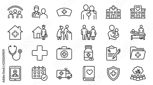 Set of medical and healthcare line icons, including hospital, doctor, ambulance, medicine, and health care symbols