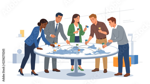 Diverse business team planning global strategy on a world map table with flags