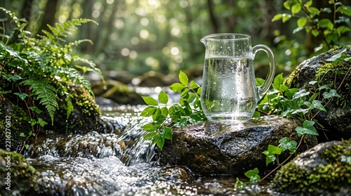 Glass pitcher of fresh cold water resting on a mossy rock beside a