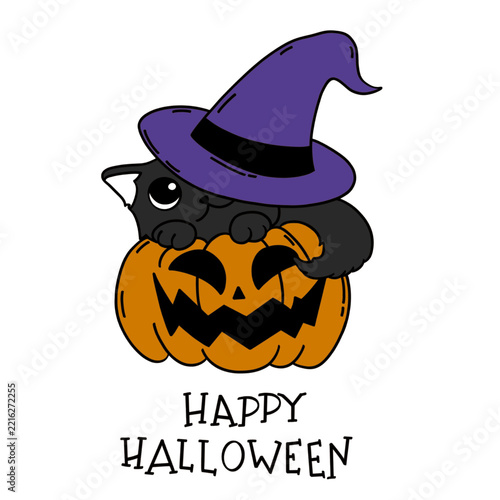 Cute black cat wearing purple witch hat hugging a carved Halloween pumpkin jack o lantern, adorable spooky witchy cat vector illustration isolated on white background.