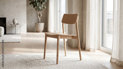 Minimalist wooden chair in a bright modern living room with natural