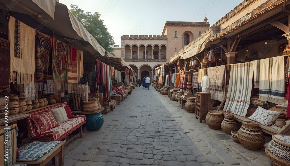 Fototapeta premium Outdoor cultural festival textile market with artisan stalls of handwoven rugs, baskets and pottery on cobblestone street