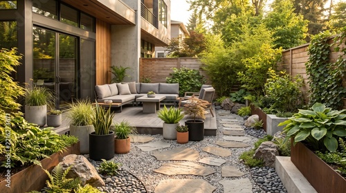 Modern backyard patio with comfortable outdoor furniture and lush