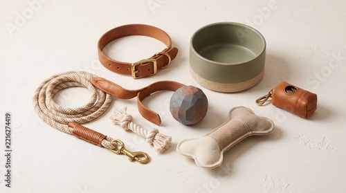 Set of luxury leather dog accessories with rope leash and ceramic