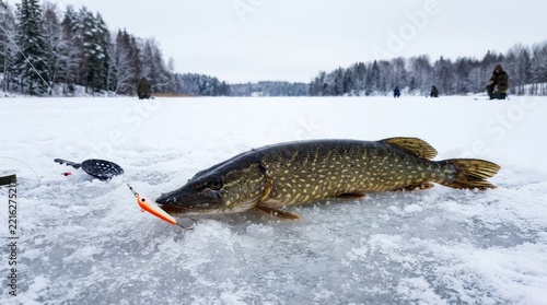 Person ice fishing with a large pike caught on a frozen lake.