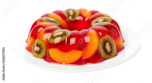 Delicious Homemade Fruit Jelly Dessert With Kiwi And Peach Slices Isolated On A Clean White Transparent Background For Culinary Use