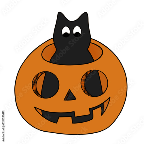 Cute black cat peeking out from inside a carved Halloween pumpkin jack o lantern, playful spooky kitten vector illustration isolated on white background.