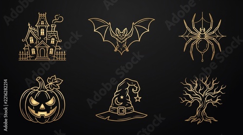 Halloween solid icon set containing haunted house bat spider pumpkin witch hat and dead tree