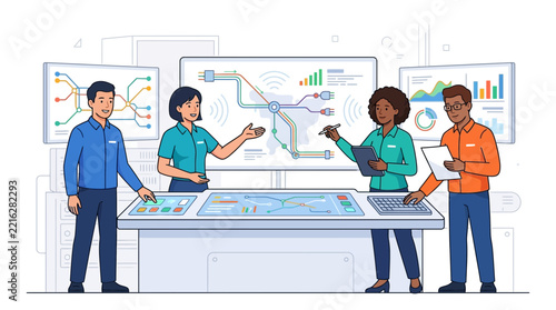 Diverse Team Collaborating in a Modern Control Room with Digital Displays and Data Analysis