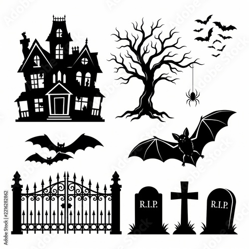 Halloween spooky elements solid silhouette vector icon set containing haunted house dead tree bats spider wrought iron fence and gravestones