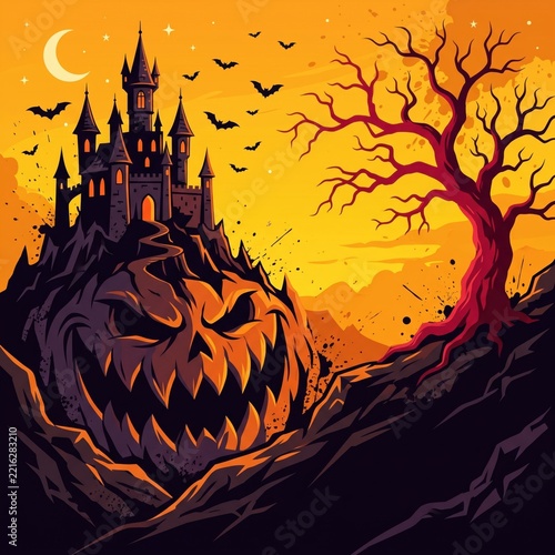 Halloween spooky pumpkin castle and haunted tree vector illustration with bats and moon