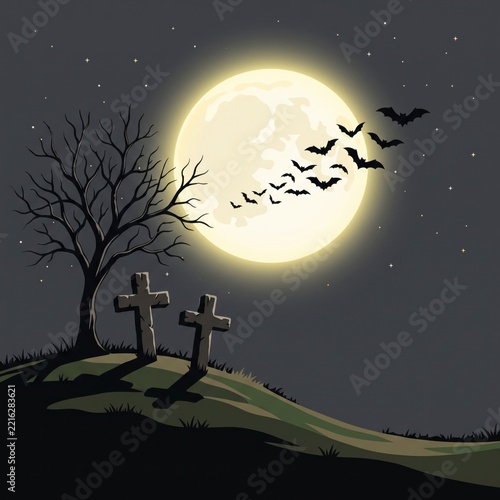 Halloween graveyard vector illustration. Full moon night with flying bats. Bare tree and stone cross tombstones on a hill